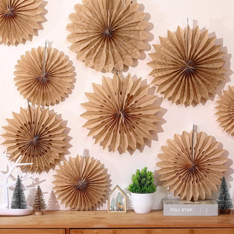 Resholder 9 Pcs Hanging Decorations Large Paper Fans Neutral Paper Fans Hanging Lamp Ornament Kit for Christmas Holiday Party Supplies Home Decorations 10/12/14 Inch(Brown) - Image 1